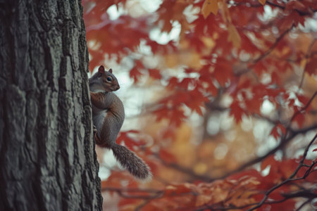 Squirrel on a tree in autumn forest.の素材