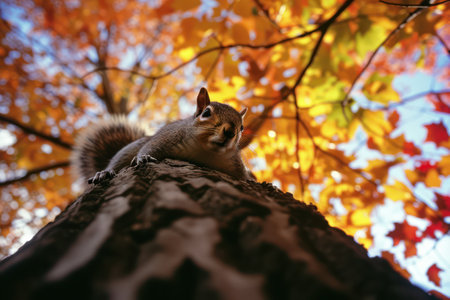 Squirrel on the tree in the autumn forest. Selective focus.の素材