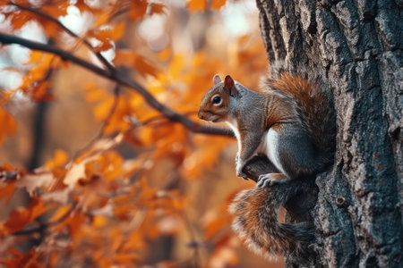 Squirrel sits on a tree in the autumn forestの素材