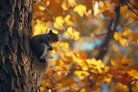 Squirrel sitting on a tree in autumn forest. Squirrel in autumn forest.の素材