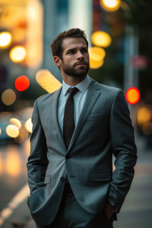 Portrait of young handsome businessman in business suit in the city at nightの素材
