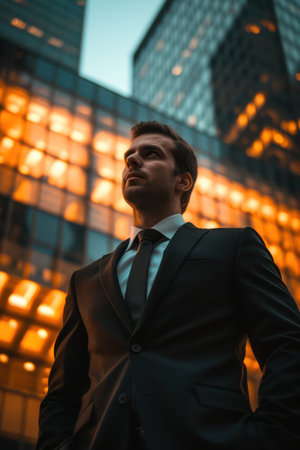 Portrait of a young businessman standing in front of modern office buildingの素材