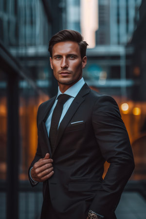 Portrait of a handsome young man in a suit. Businessman outdoors.の素材