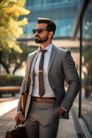 Portrait of a handsome young businessman walking in the street. Business concept.の素材