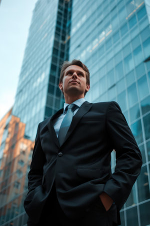 Portrait of a young businessman standing in front of a modern buildingの素材