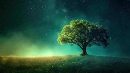Magic landscape with lonely tree and starry sky.の素材