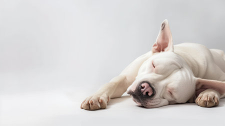 White dog lying on white background with copy space. Cute pet.の素材