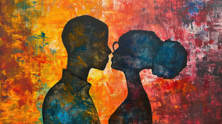 Silhouette of a man and a woman kissing against a colorful backgroundの素材