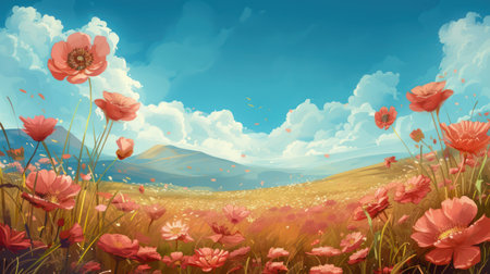 Beautiful spring meadow with red poppies. vector illustrationの素材