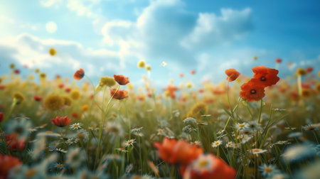 Summer meadow with poppies and daisies. nature backgroundの素材