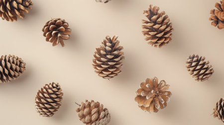 Pine cones pattern on beige background. Flat lay, top view minimal christmas concept.の素材