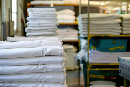 Stacks of white shirts on a shelf in a textile store.の素材