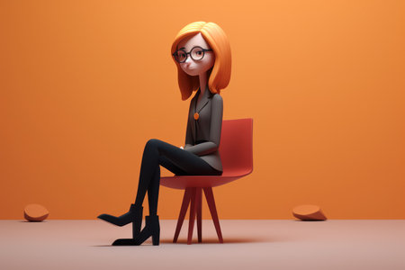 Young Business woman sitting on chair, 3d illustration with orange backgroundの素材