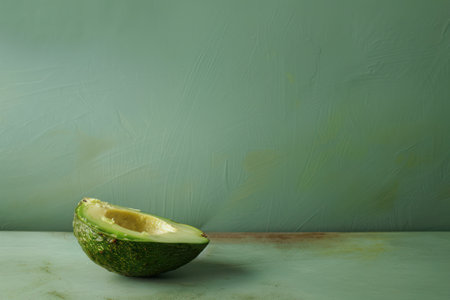 Ripe avocado on a green background. Copy space for text.の素材