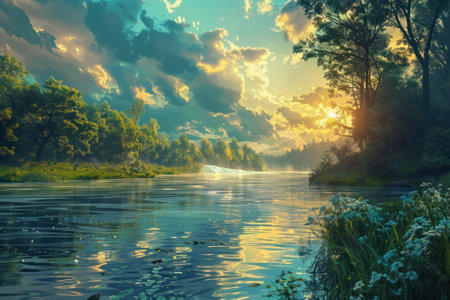 Beautiful summer landscape with river and forest at sunset. nature backgroundの素材