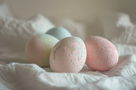 Easter eggs in pastel colors on a white bedspread.の素材