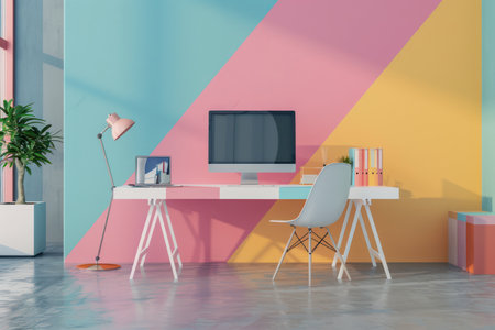 Interior of modern office with pink and blue walls, concrete floor, white computer table with chair and bookcase. 3d renderingの素材
