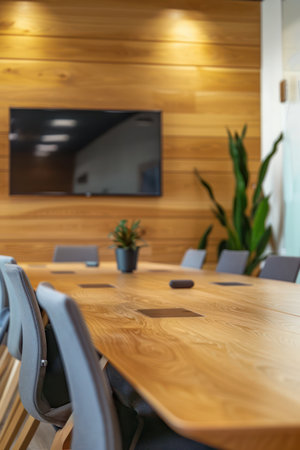 Wooden table and chairs in modern meeting room. Selective focus.の素材
