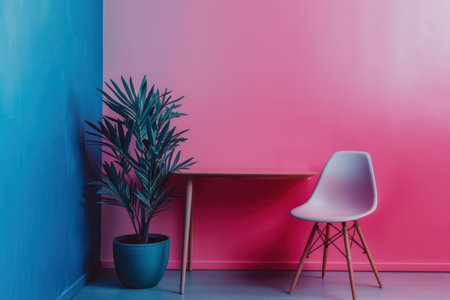 Minimalist interior design with chair and plant in blue and pink colorsの素材