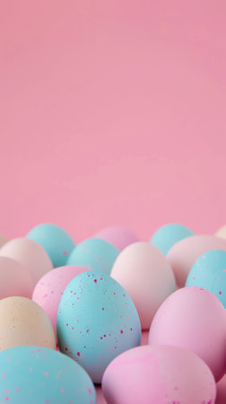 Colorful easter eggs on pastel pink background with copy spaceの素材