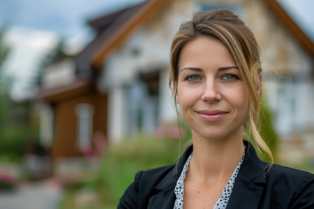 Portrait of a beautiful young business woman in front of her houseの素材