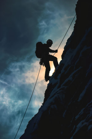 Silhouette of a climber climbing a challenging route on a rocky wallの素材