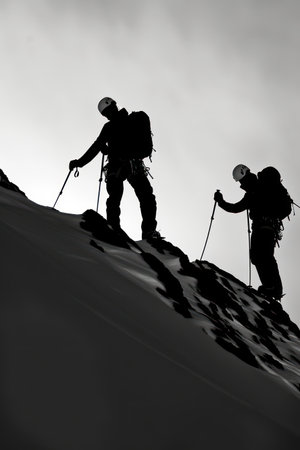 Silhouette of mountaineers on the top of a mountainの素材
