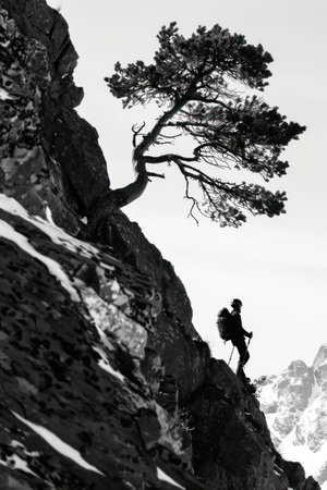 Silhouette of a man with a backpack on the top of a mountainの素材