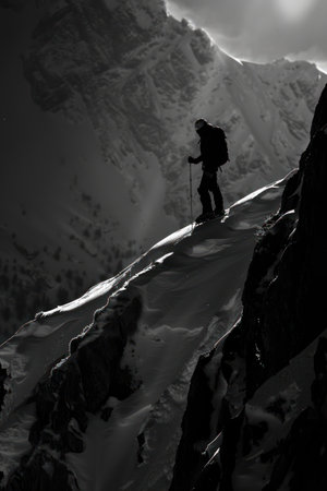 Hiker in Himalaya mountains, Nepal. Black and white.の素材
