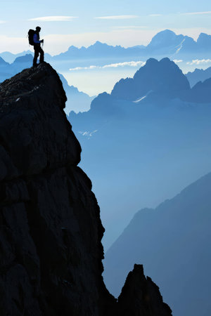 silhouette of a man on top of a mountain in the cloudsの素材