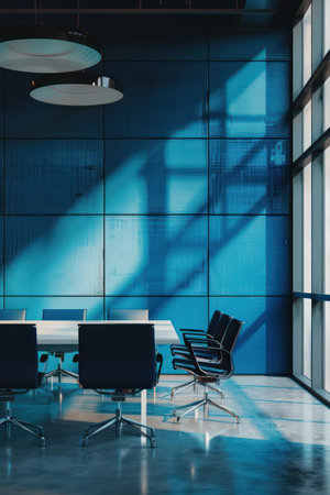 Interior of modern conference room with blue walls, concrete floor and rows of black chairs. 3d renderingの素材