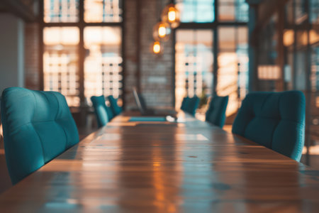 Empty conference room with wooden table and blue chairs in the meeting roomの素材