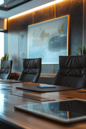 Interior of a modern meeting room with black leather chairs and tableの素材