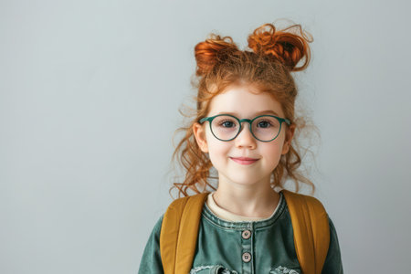 Portrait of a cute red-haired girl with glasses and a backpack.の素材