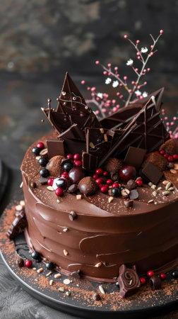 Chocolate cake with candies on a dark background. Selective focus.の素材
