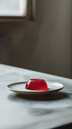 Red jelly on a white plate on a white table in the kitchenの素材