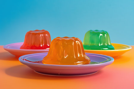 Colorful fruit jelly in a plate on a blue and orange backgroundの素材