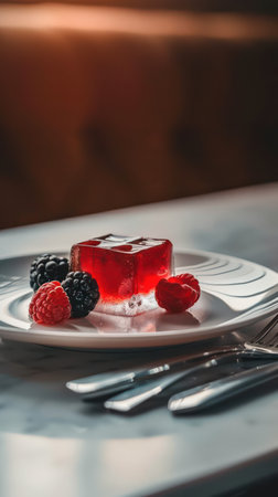 Red jelly with berries on a white plate. Selective focus.の素材