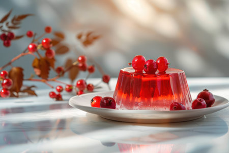 Jelly with red currant berries on a white plate on a white backgroundの素材