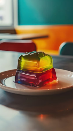Colorful jelly on a white plate in a cafe, stock photoの素材