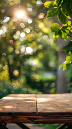 Wooden table in the garden with natural bokeh background.の素材