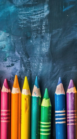Colorful crayons on a blackboard. Back to school.の素材