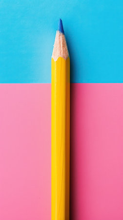 Close up of yellow pencil on blue and pink background with copy spaceの素材