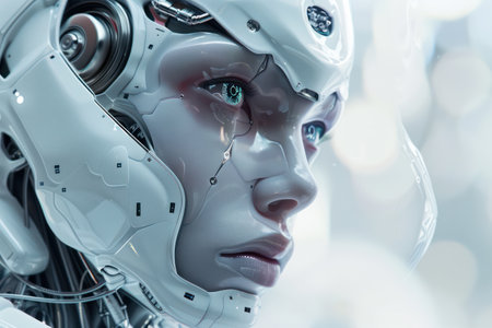 close-up view of futuristic female robot head. 3d rendering Aiの素材