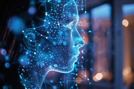 rendering of artificial intelligence concept with holographic human head in blue lightの素材
