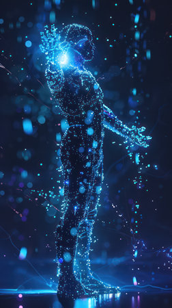 Digital holographic cyborg with glowing particles. Artificial intelligence concept.の素材
