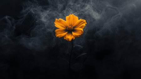 Beautiful yellow cosmos flower with smoke on black background. Copy space.の素材