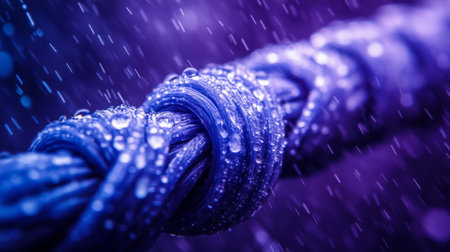 Close up of rope with water droplets in rain. Blue toneの素材
