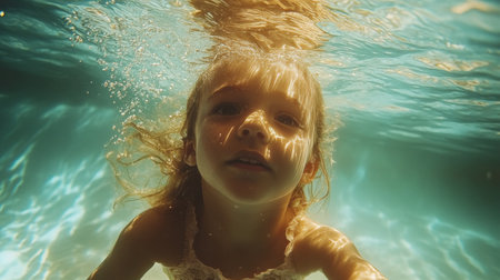 Underwater portrait of adorable little girl swimming under water in pool.の素材