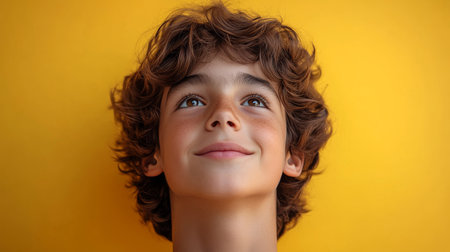 Portrait of a little boy with curly hair on a yellow backgroundの素材